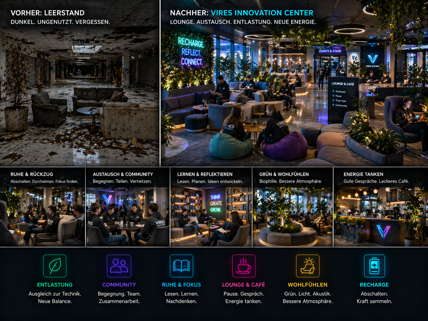 Ruhigere Randzone mit Lounge und Rückzug